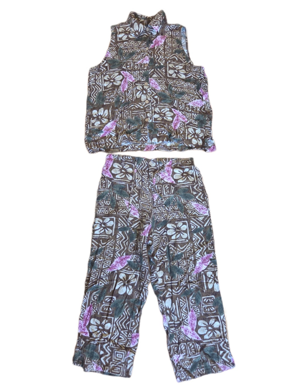 Bahama Beach Rayon Sleeveless Top Brown Print Resort Matching Crop Wide Leg Pant